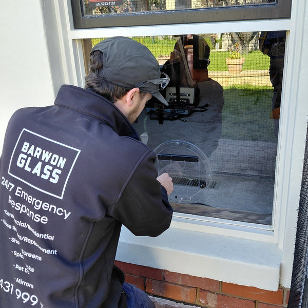 Barwon Glass glazier fitting a round Transcat cat door into the new glass pane in Belmont