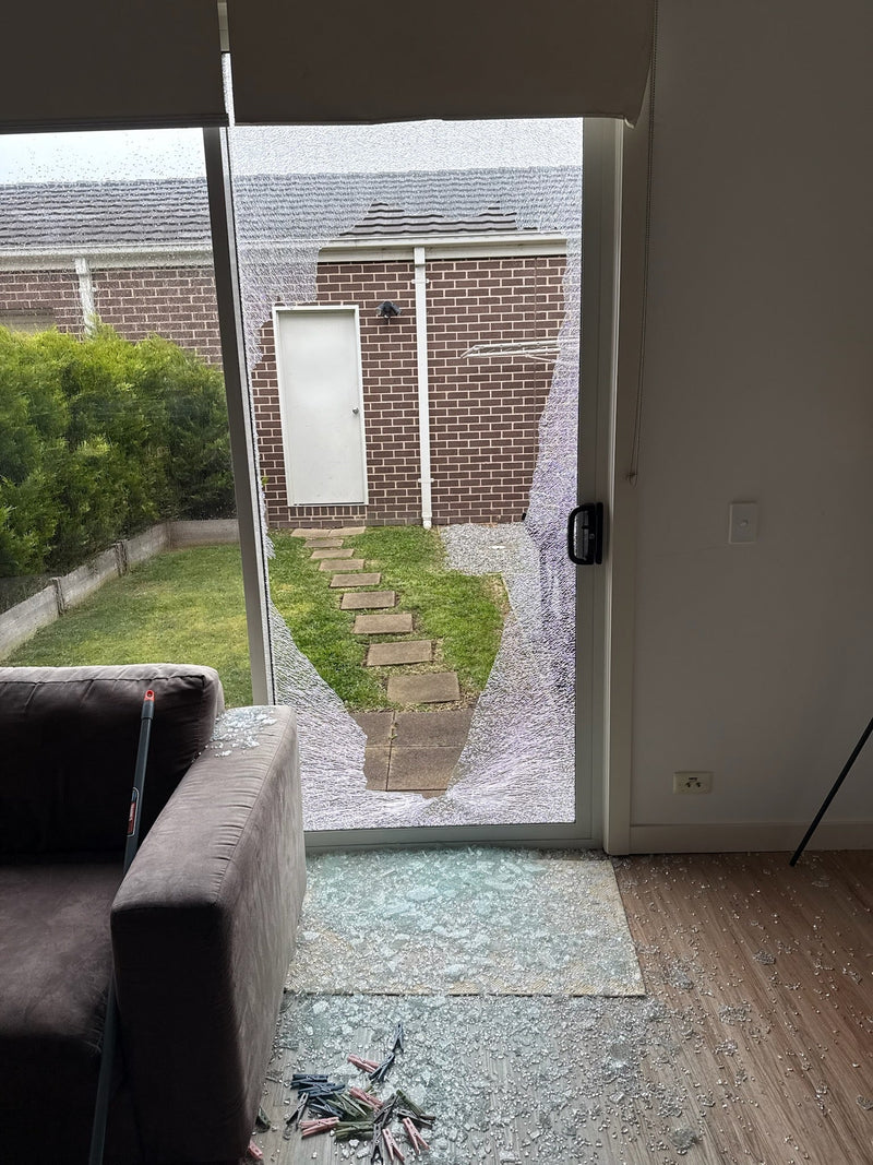 Full-Height Slider Shattered by Mower Debris, Replaced That Afternoon